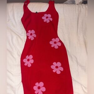 H&M Red and Pink Floral Midi Dress